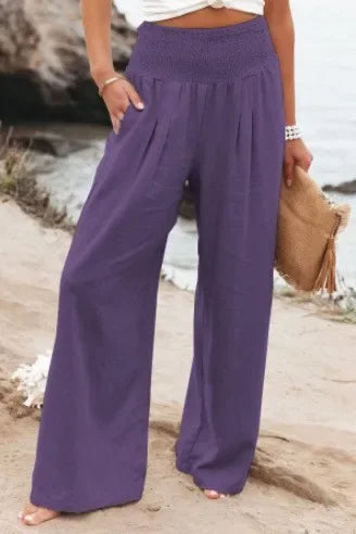 Solid Color Wide Leg Pant Casual Spring Summer Loose Pants For Women 2025 Elastic High Waist Cotton Linen Long Trouser