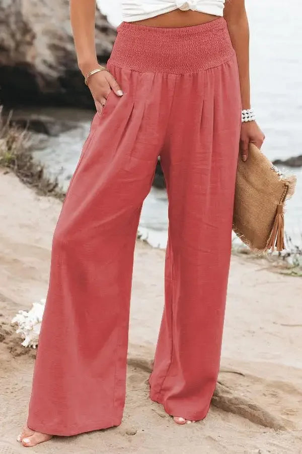 Solid Color Wide Leg Pant Casual Spring Summer Loose Pants For Women 2025 Elastic High Waist Cotton Linen Long Trouser