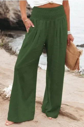 Solid Color Wide Leg Pant Casual Spring Summer Loose Pants For Women 2025 Elastic High Waist Cotton Linen Long Trouser