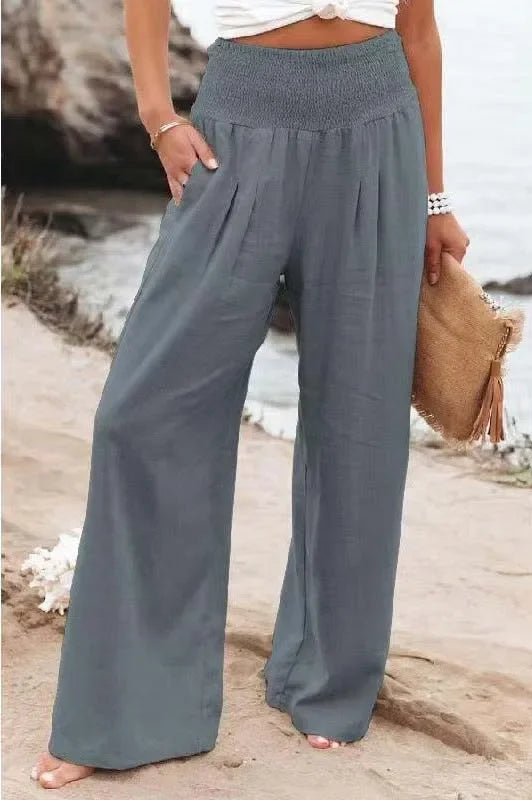 Solid Color Wide Leg Pant Casual Spring Summer Loose Pants For Women 2025 Elastic High Waist Cotton Linen Long Trouser