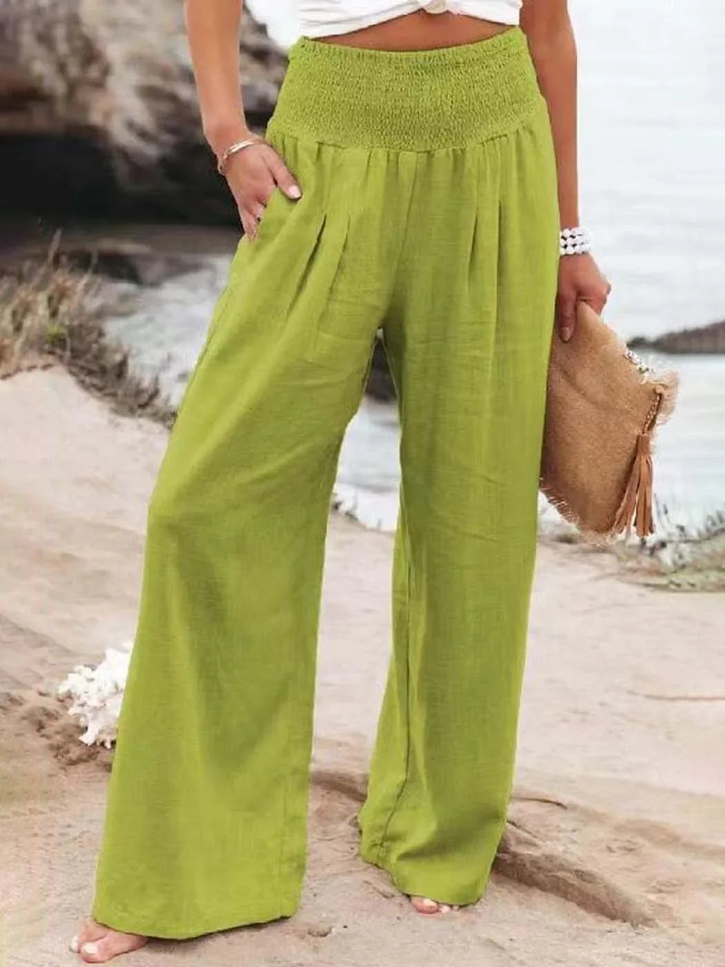 Solid Color Wide Leg Pant Casual Spring Summer Loose Pants For Women 2025 Elastic High Waist Cotton Linen Long Trouser