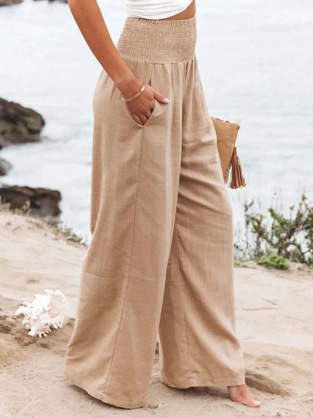 Solid Color Wide Leg Pant Casual Spring Summer Loose Pants For Women 2025 Elastic High Waist Cotton Linen Long Trouser