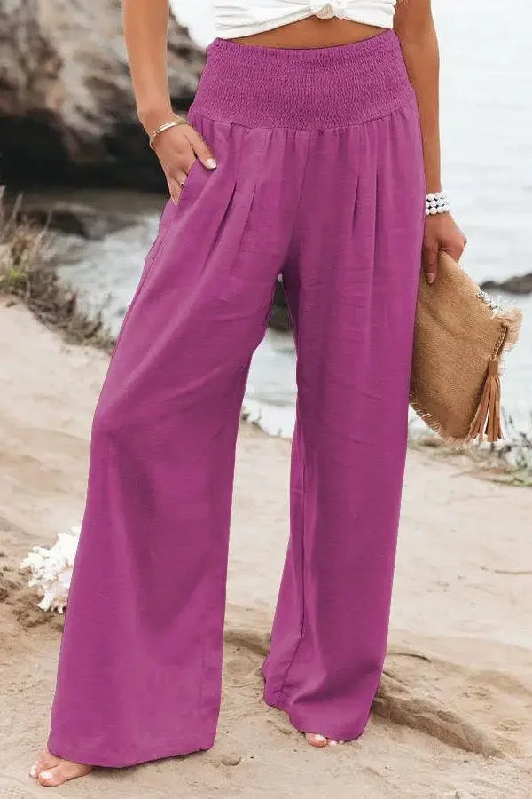 Solid Color Wide Leg Pant Casual Spring Summer Loose Pants For Women 2025 Elastic High Waist Cotton Linen Long Trouser