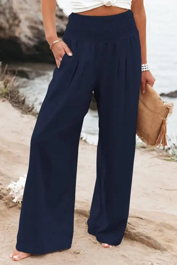 Solid Color Wide Leg Pant Casual Spring Summer Loose Pants For Women 2025 Elastic High Waist Cotton Linen Long Trouser