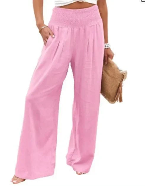 Solid Color Wide Leg Pant Casual Spring Summer Loose Pants For Women 2025 Elastic High Waist Cotton Linen Long Trouser