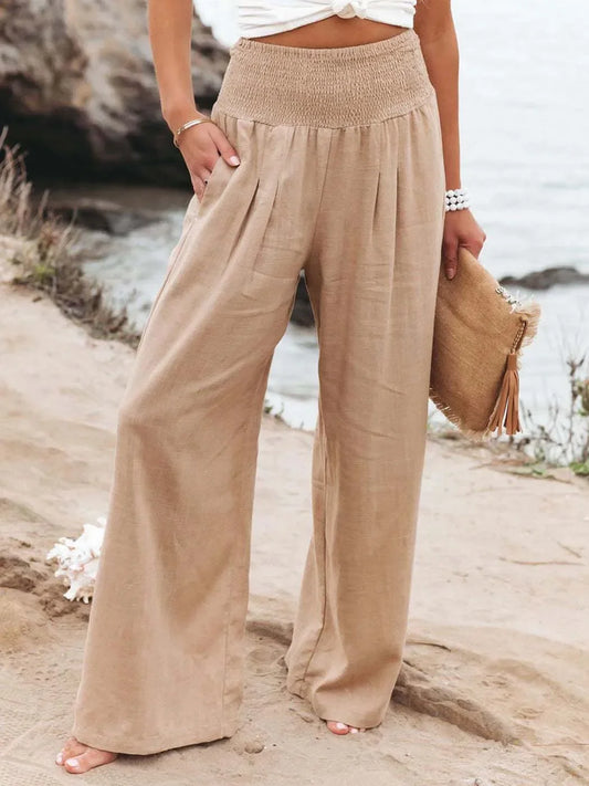 Solid Color Wide Leg Pant Casual Spring Summer Loose Pants For Women 2025 Elastic High Waist Cotton Linen Long Trouser